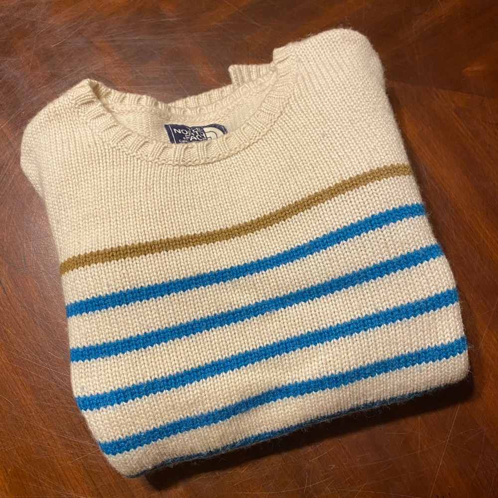 The North Face Cream Sweater with Blue and Brown Stripes